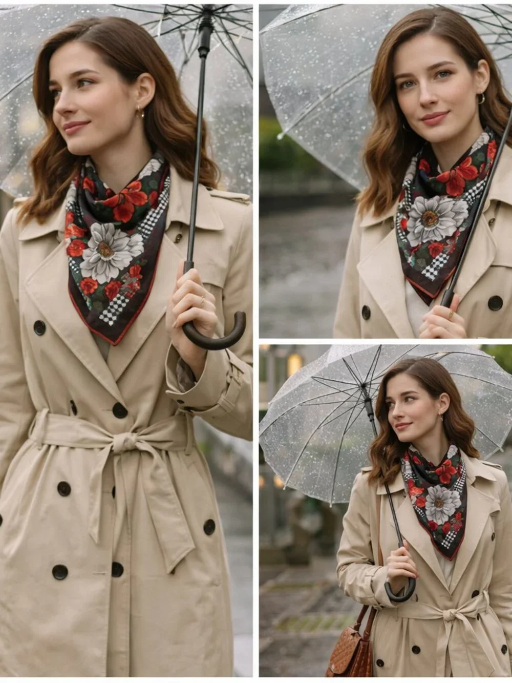 Vintage Floral Silk Scarf  Black Red Gray Classic European Chic Statement Piece